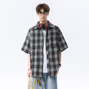 V37韩版格子短袖衬衫男款2026春季新款宽松休闲潮牌复古衬衣外套