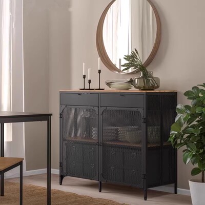 美式工业风铁艺餐边柜 镂空置物柜简约现代储物柜 玄关柜收纳碗柜