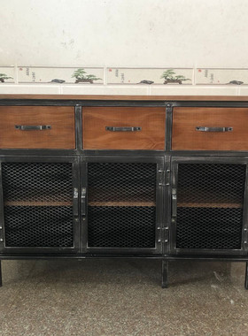 LOFT工业风餐边柜复古做旧实木餐厅备餐柜子铁艺储物柜茶水台酒柜