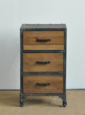 复古美式斗柜抽屉实木松木带滑轮铁艺收纳柜储物小柜子三斗柜工业