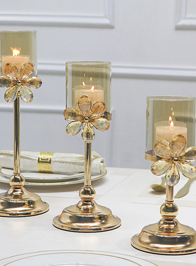 轻奢金色餐桌烛光晚餐会场浪漫气氛布置道具家用装饰水晶蜡烛台