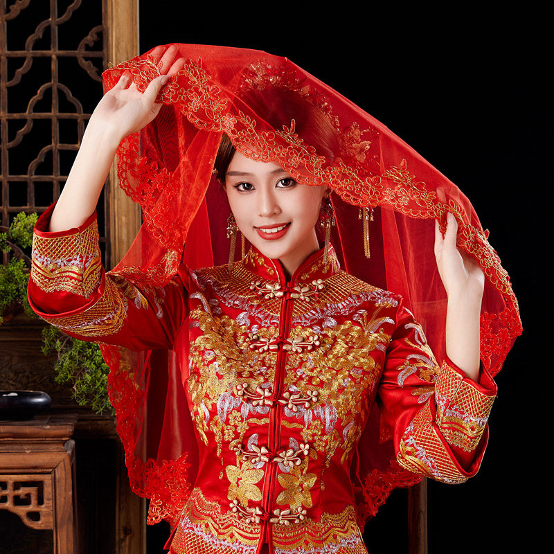 思嫁红盖头秀禾服头巾红色头纱