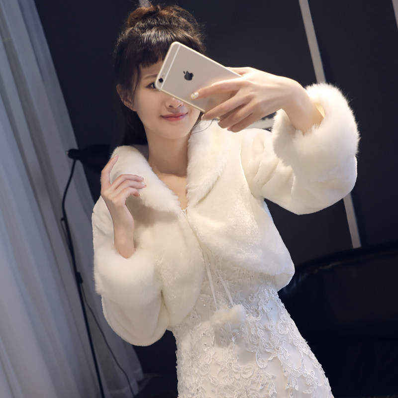 婚纱披肩冬新娘结婚礼白色伴娘服晚礼服春秋季外套长袖外披斗篷毛