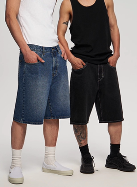 AVENUE&SON大道之子滑板直筒阔腿水洗牛仔裤牛仔短裤街舞