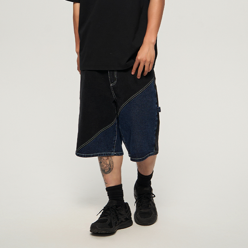 AVENUE&SON大道之子2024 蓝黑拼接滑板直筒阔腿牛仔短裤