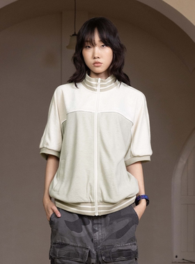 AVENUESON大道之子2025灰色毛巾面料刺绣logo热身服短袖拉链夹克