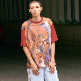 AVENUESON大道之子2025酒红色龙虎门漫画满印网眼透气短袖T恤