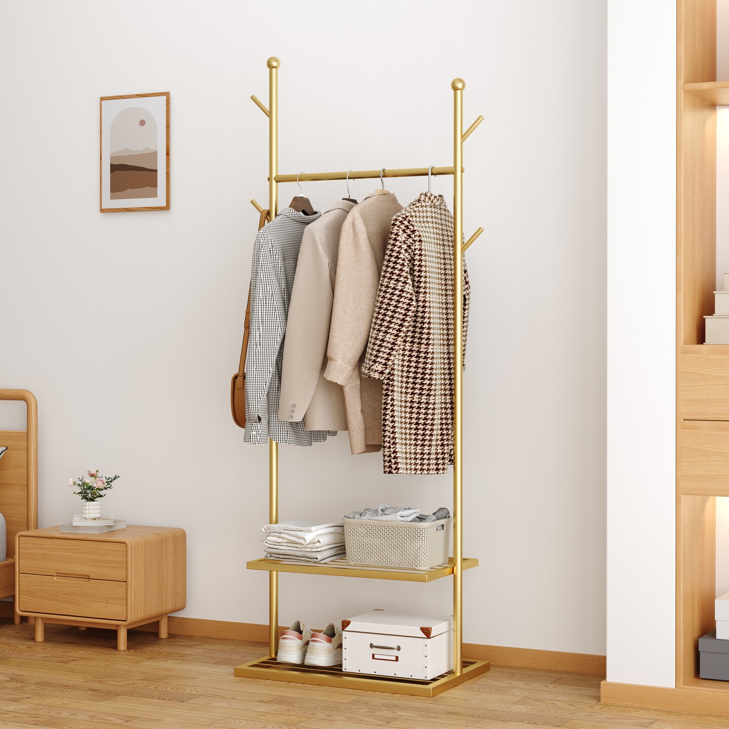 北欧风落地卧室衣帽架家用多功能金属收纳挂衣架客厅挂包架
