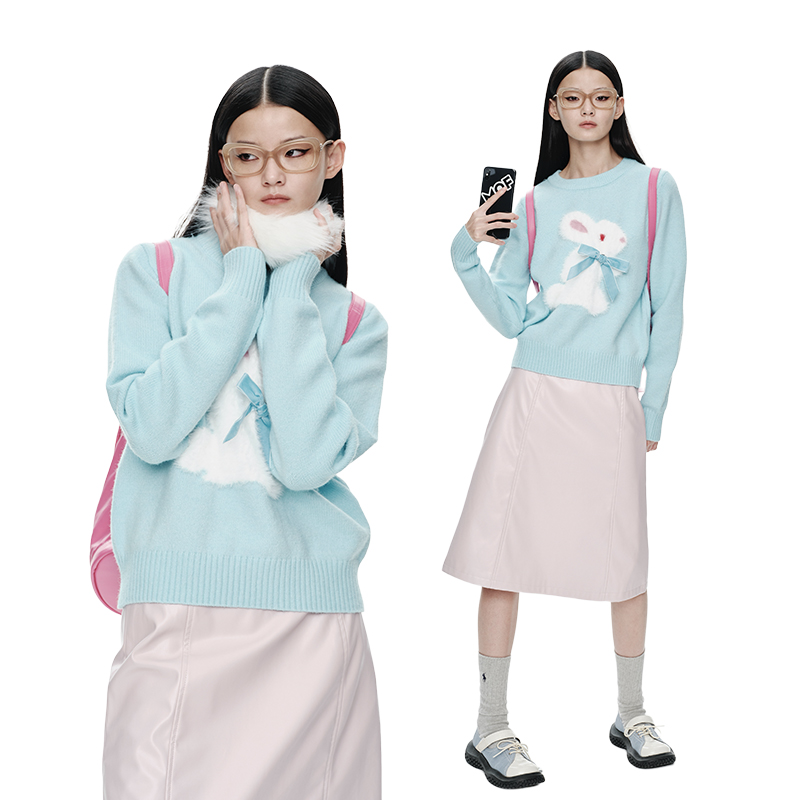 MOF礼物商店 新品提花兔子丝绒带蝴蝶结蓝色毛衣针织衫