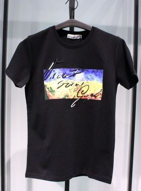 SELECTED思莱德黑色纯棉刺绣图案百搭圆领字母休闲短袖半袖T恤