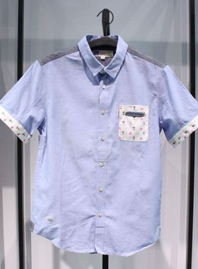 SELECTED思莱德新款尖领蓝色旅游休闲个性纯棉修身短袖半袖衬衫