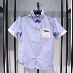 SELECTED思莱德新款尖领蓝色旅游休闲个性纯棉修身短袖半袖衬衫