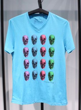 SELECTED思莱德休闲骷髅头圆领男士蓝色纯棉V领短袖T恤半袖T恤