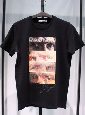 SELECTED思莱德黑色夏季圆领日常图层油画眼神图案短袖半袖T恤