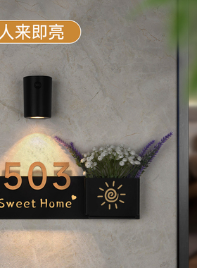 高档智能感应灯插花家用入户门发光门牌定制古铜金亚克力立体贴字磁吸充电房号牌酒店民宿餐厅包厢免钉标识牌