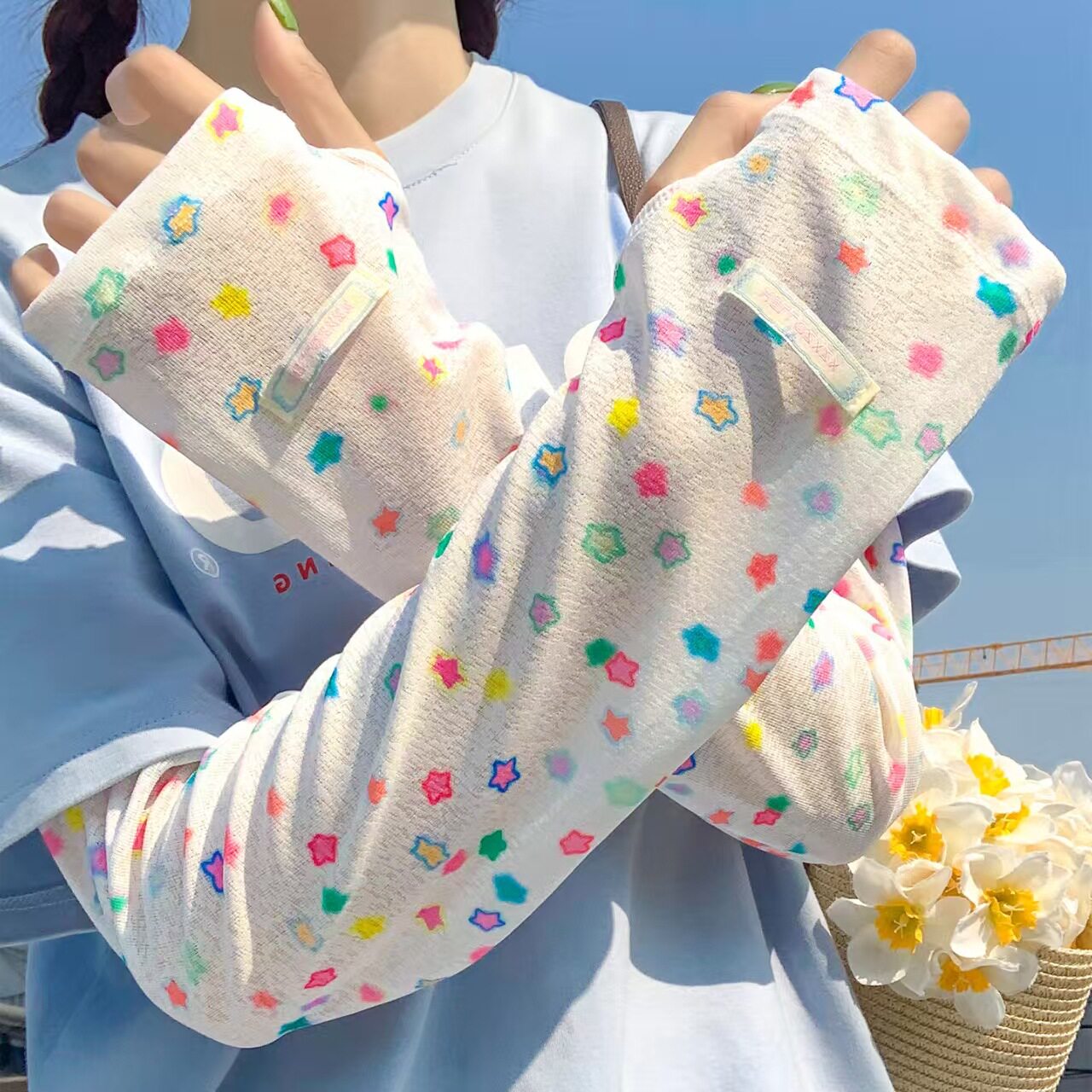 可爱星星印花防晒袖套女夏季户外骑行防紫外线宽松护手臂遮阳冰袖