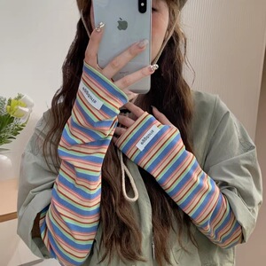 韩版条纹防晒袖套女冰袖户外开车骑行防紫外线护手臂宽松手袖护手