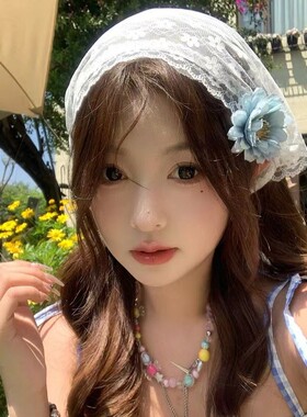 法式蕾丝三角头巾女田园风白色系腰防晒丝巾复古包头腰巾花朵腰带