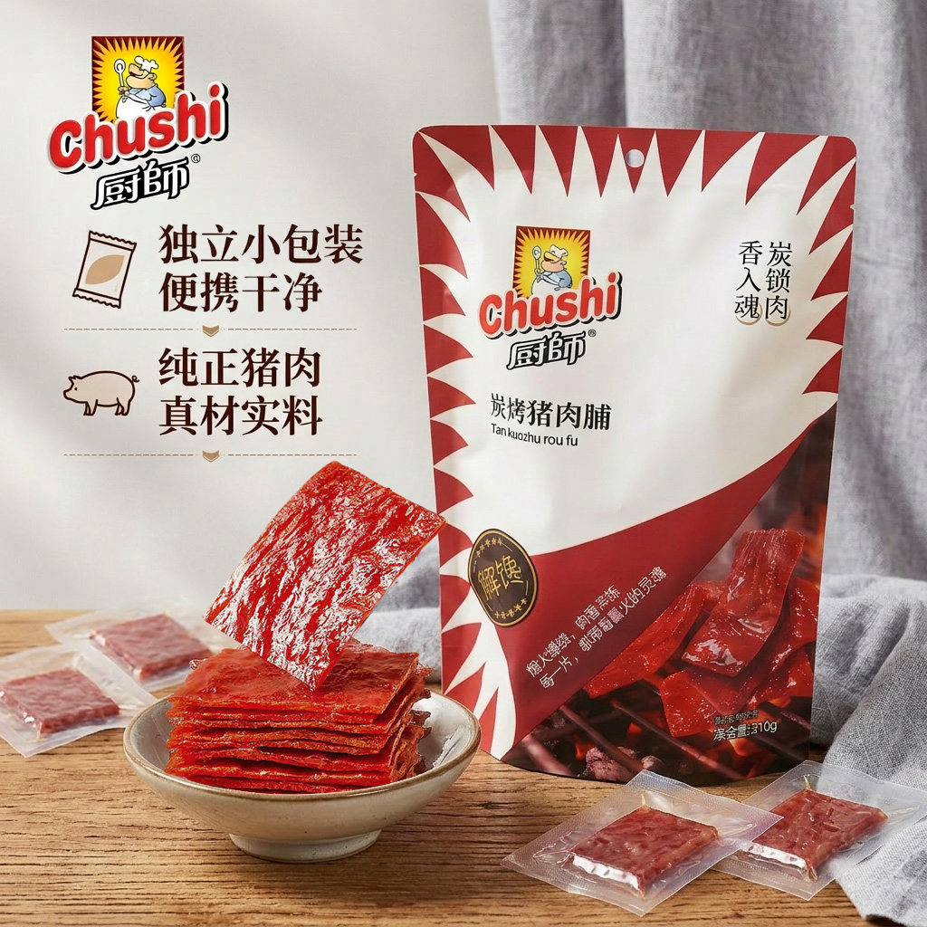 厨师碳烤猪肉脯310g猪肉干手撕休闲办公室零食碳烤肉脯独立包装