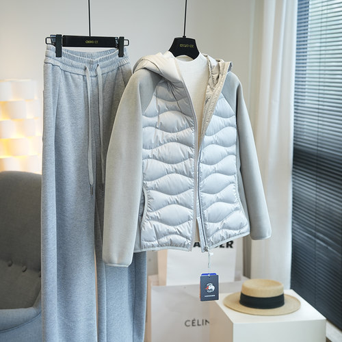 90白鹅绒拼接连帽羽绒服女外套