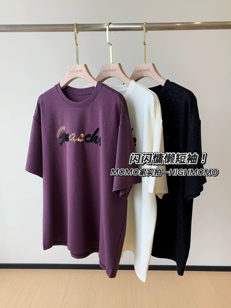 洋气烫银粉~重工串珠字母刺绣短袖T恤圆领百搭小众上衣女春夏新款