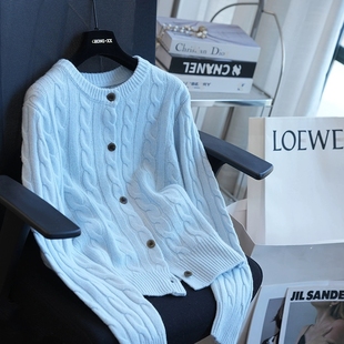 虫小小 女毛衣内搭上衣秋冬A82J 学院风羊毛复古绞花圆领针织开衫