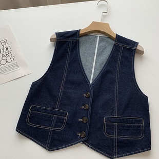 叠穿层次感~ 复古明线深V领简约气质无袖荃棉牛仔马甲外套上衣 秋