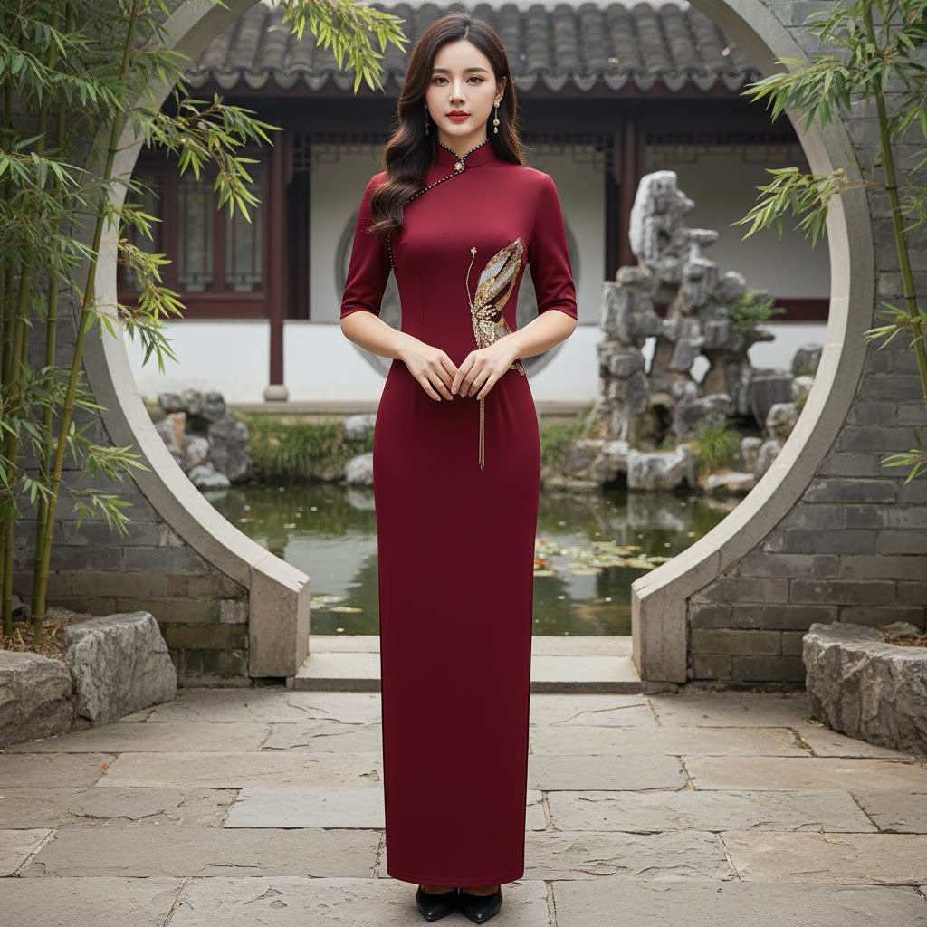 气质复古旗袍长款大码旗袍走秀演出服修身立领显瘦连衣裙L5515