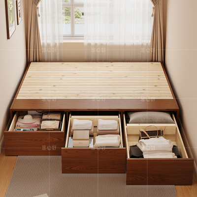 思必好中古风榻榻米实木床白蜡木卧室小户型复古无床头三抽箱体床