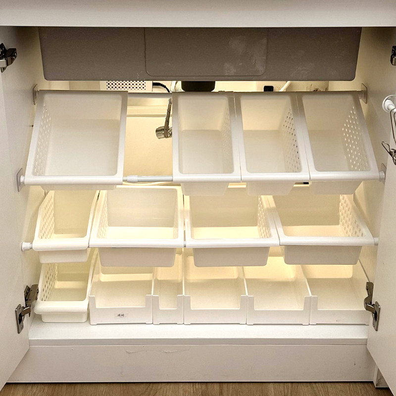 水槽下收纳架下水槽伸缩杆分层挂篮柜子空间利用收纳神器置物架子