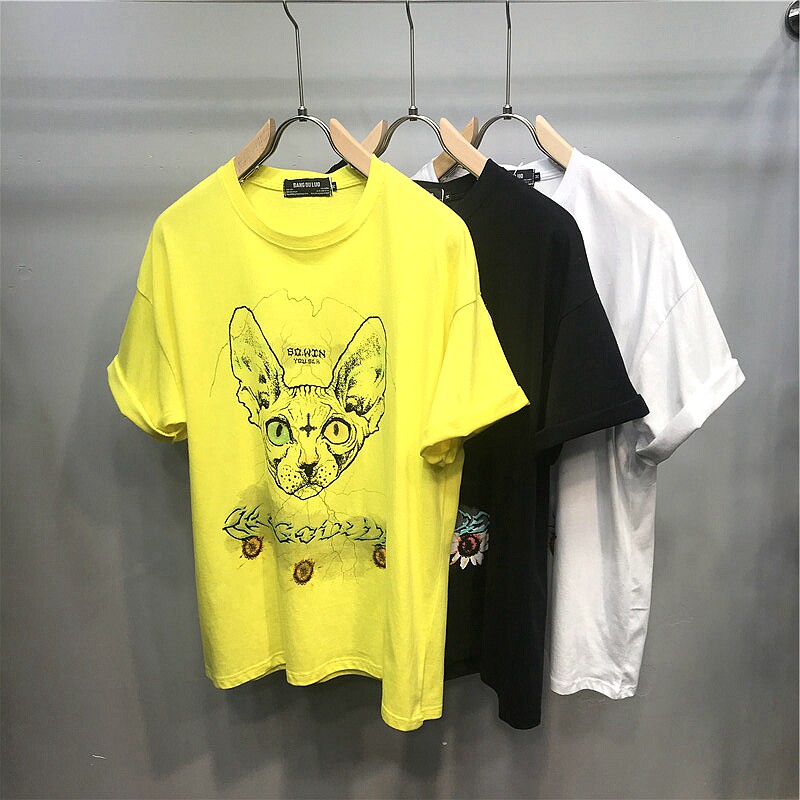 原创男装夏季新款个性印花宽松T恤衫 潮流ins猫头花卉印花短袖潮