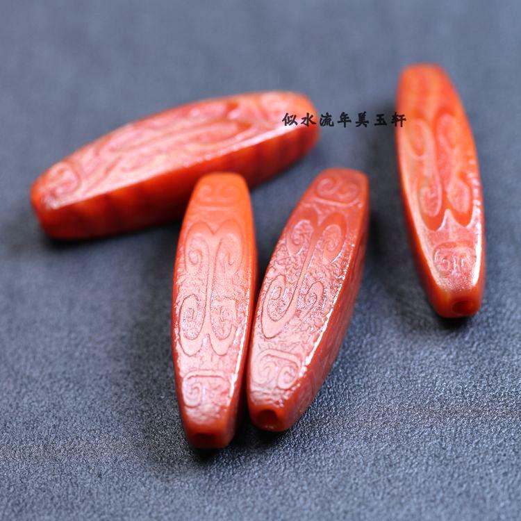 10x40mm天然老红玛瑙如意云纹勒子桶珠 DIY文玩配饰
