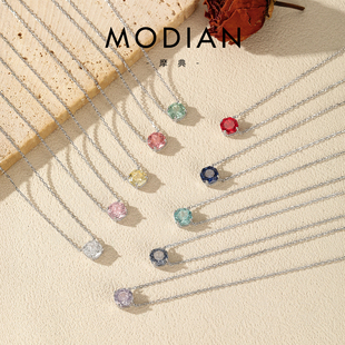 MODIAN摩典S925银韩版多色八边形玫瑰切闪钻项链女ins少女锁骨链