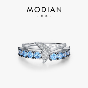 MODIAN摩典S925纯银浅海蓝仿钻人鱼尾戒指女复古轻奢感撞色指环