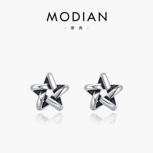 MODIAN摩典s925纯银复古做旧星星耳钉时尚个性男女同款嘻哈耳饰