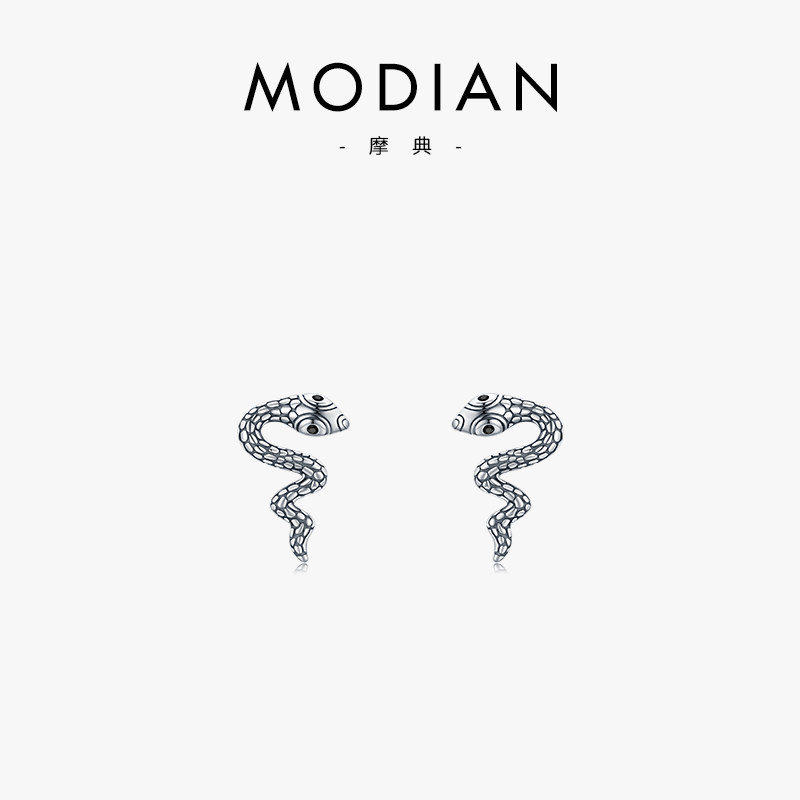 ModianS925纯银耳环女异域灵蛇耳钉蛇形嘻哈庞克复古风男耳饰新品