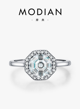 摩典S925纯银八角形仿钻复古戒指