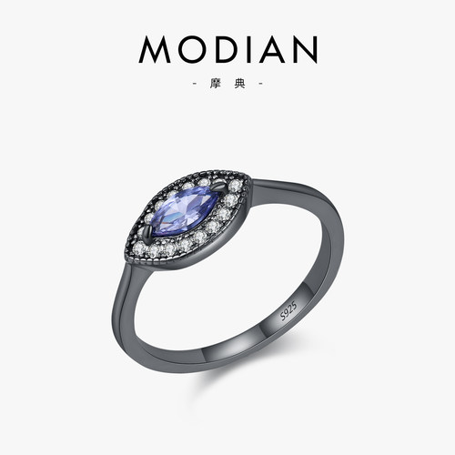 摩典S925纯银坦桑色仿钻复古戒指