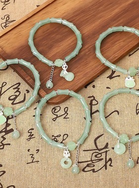 新款古风福禄手链竹节新中式复古高级感绿色弹力绳手串时尚手镯女