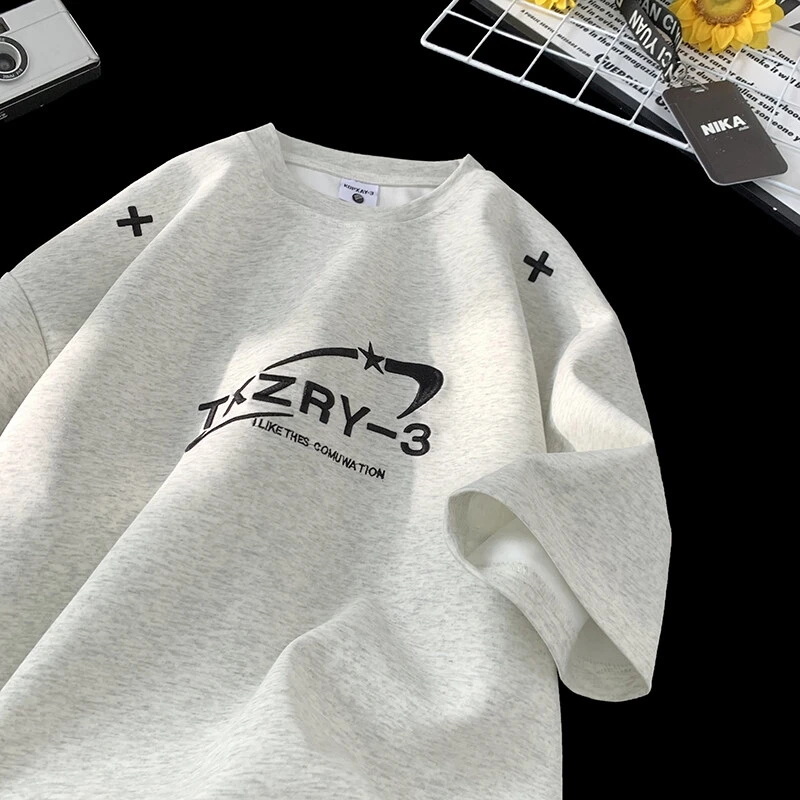 新款300g重磅美式潮牌字母刺绣短袖T恤男女宽松廓形大码半袖体恤