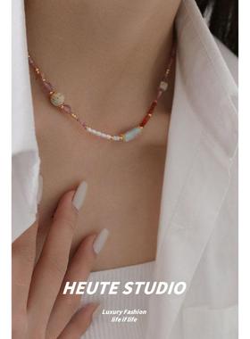 限定新中式珍珠彩色天然石项链