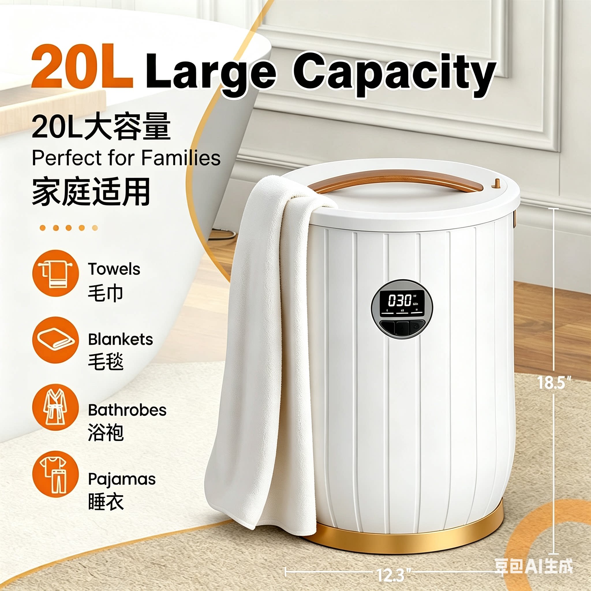 跨境家用20L毛巾加热桶三档调温四档定时带LED屏幕童锁提手香薰托