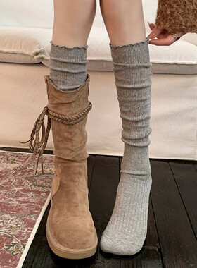 灰色小腿袜子女配靴子纯棉长筒靴袜春夏季薄款高筒木耳花边堆堆袜