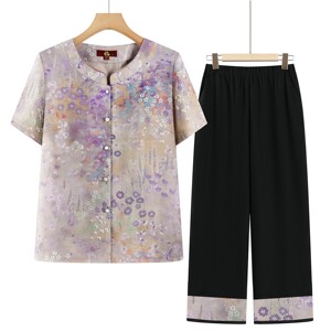 中年女装短袖开衫套装妈妈装夏季碎花两件套中老年时尚奶奶装衣服