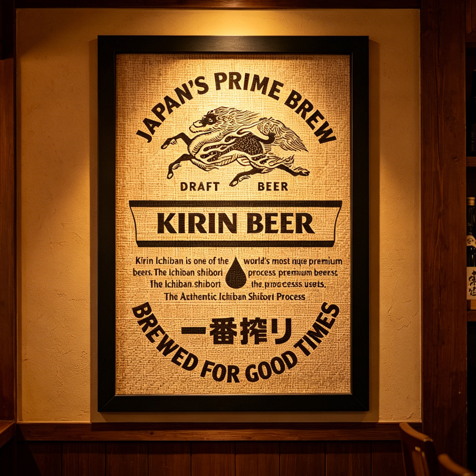 日式居酒屋民宿日本料理店麒麟一番榨啤酒海报藤编竹席木框装饰画