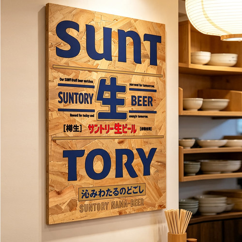 日式居酒屋烧肉料理烧鸟店三得利生啤啤酒海报欧松木板复古装饰画