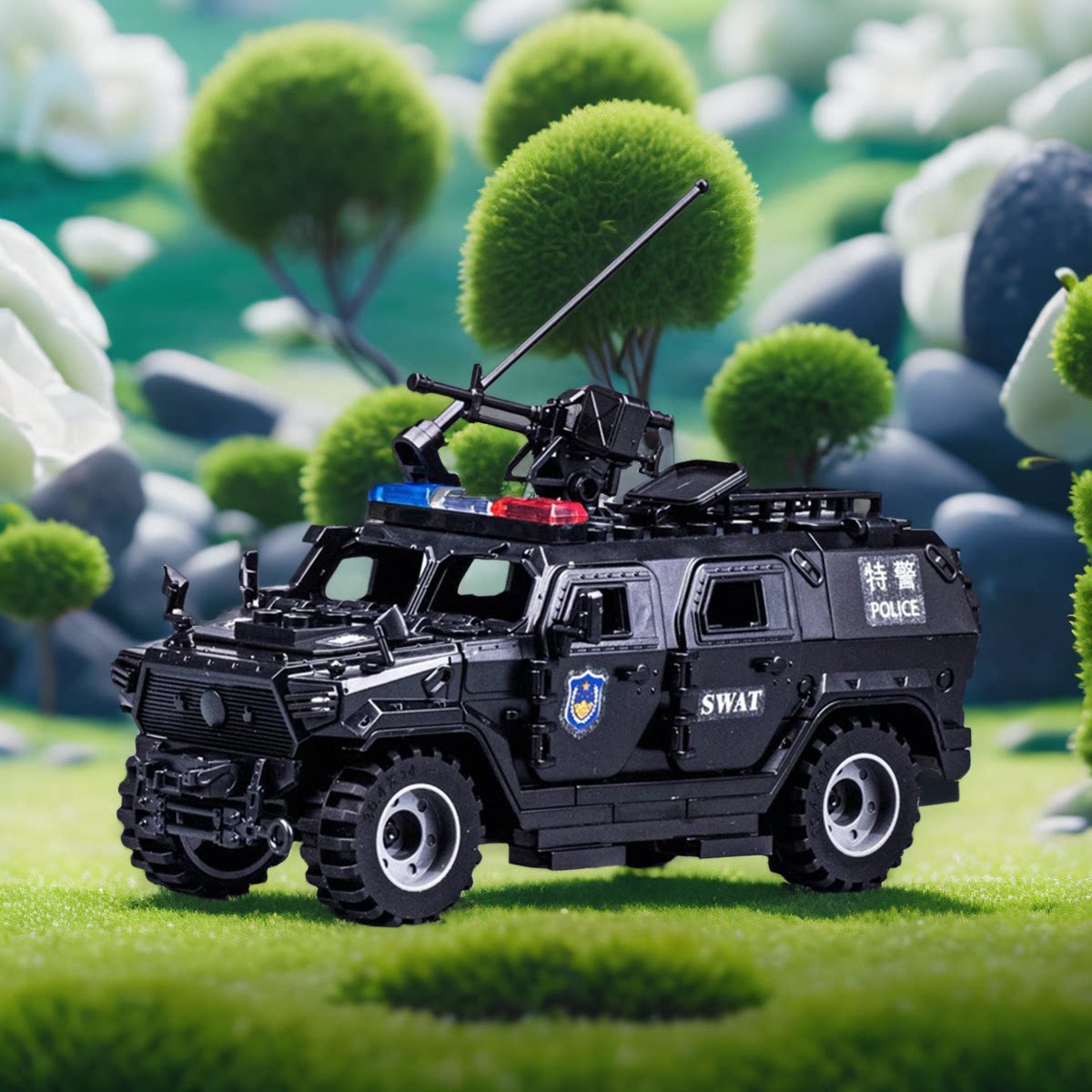 军事积木特警战队猛士越野装甲车巡逻警车玩具模型拼插小颗粒拼装