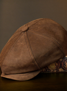 真皮帽子男秋季英伦复古牛皮八角帽秋冬贝雷帽报童帽画家帽鸭舌帽