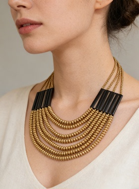 欧美风宽版复古多层金珠项链女