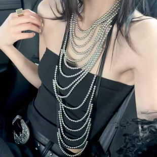 欧美跨境热卖 简约设计感潮流项链 饰品多层叠戴闪亮串珠颈链女时尚
